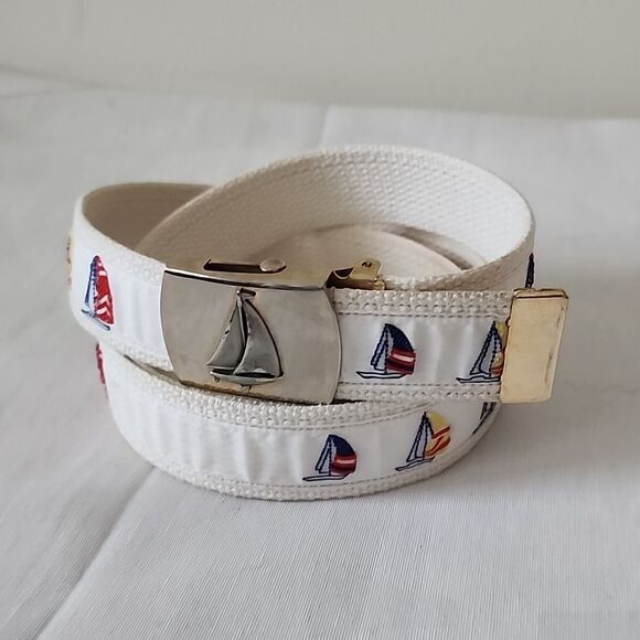 VIntage Nautical Maritme Coastal Sailboats Solid Brass Buckle Belt Made In Usa - Picture 2 of 8